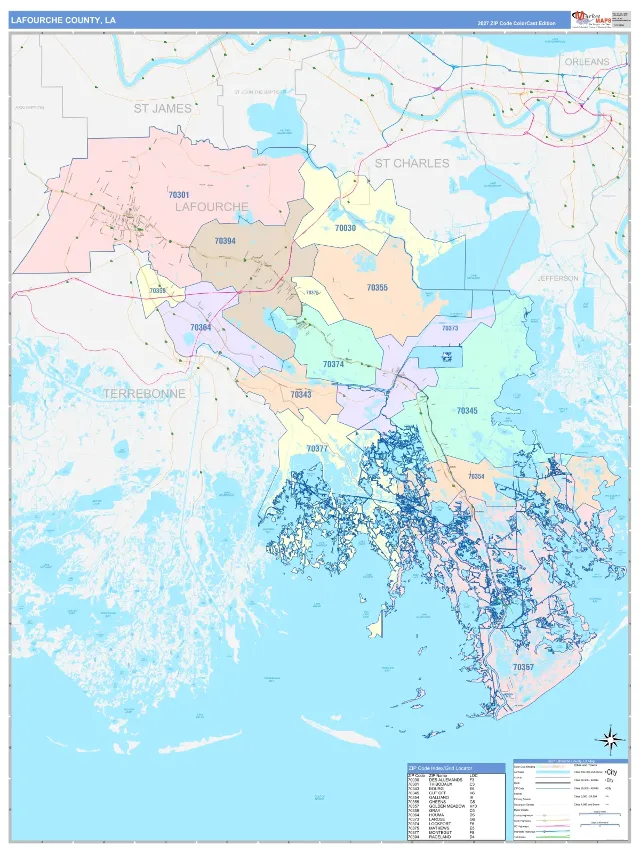 Lafourche County, LA ZIP Code Wall Map, ColorCast style