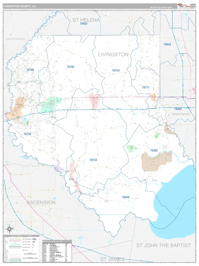 Livingston County, LA ZIP Code Wall Map, Classic style