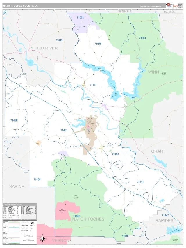 Natchitoches County, LA ZIP Code Wall Map, Classic style
