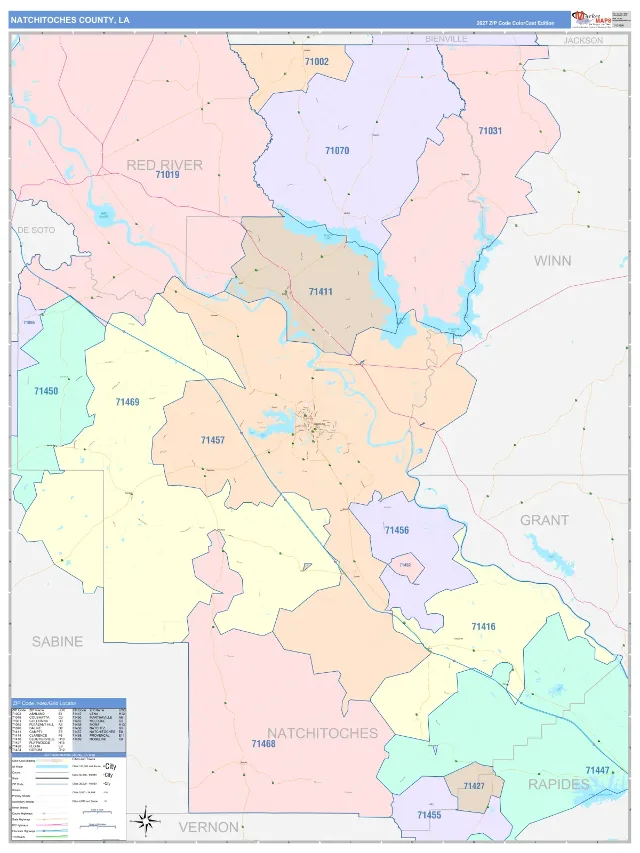 Natchitoches County, LA ZIP Code Wall Map, ColorCast style