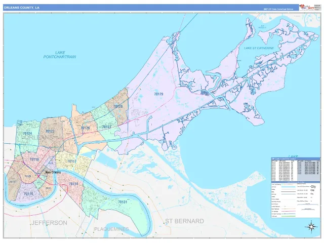 Orleans County, LA ZIP Code Wall Map, ColorCast style