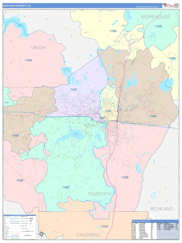 Ouachita County, LA ZIP Code Wall Map, ColorCast style