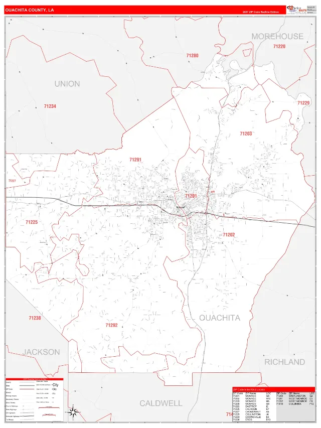 Ouachita County, LA ZIP Code Wall Map, RedLine style