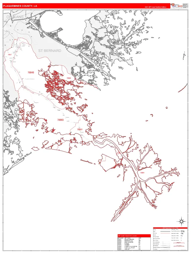 Plaquemines County, LA ZIP Code Wall Map, RedLine style
