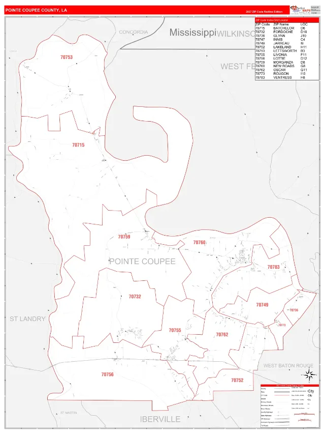 Pointe Coupee County, LA ZIP Code Wall Map, RedLine style