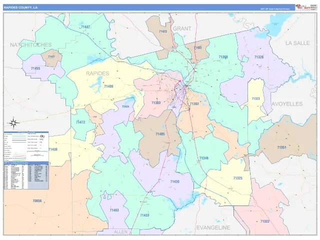 Rapides County, LA ZIP Code Wall Map, ColorCast style