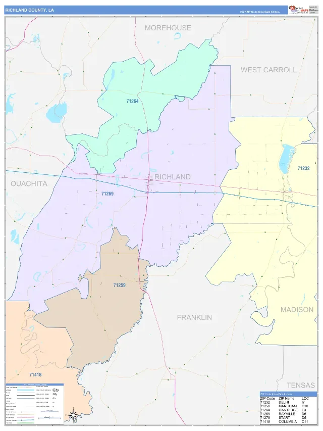Richland County, LA ZIP Code Wall Map, ColorCast style