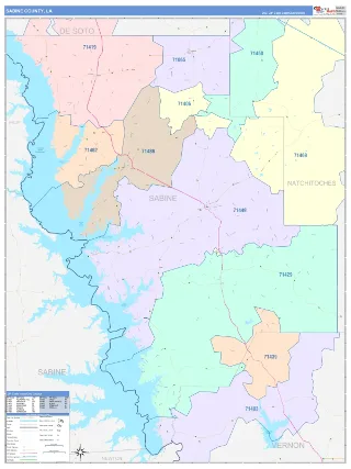 Sabine County, LA ColorCast style ZIP Code wall map