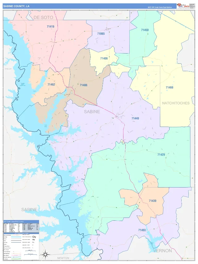 Sabine County, LA ZIP Code Wall Map, ColorCast style