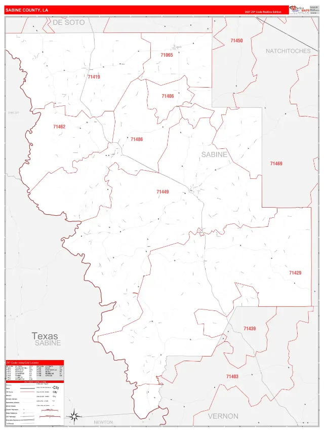 Sabine County, LA ZIP Code Wall Map, RedLine style