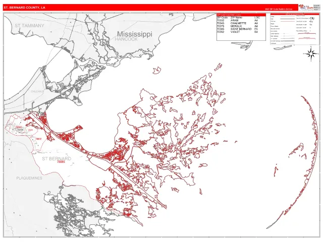 St. Bernard County, LA ZIP Code Wall Map, RedLine style