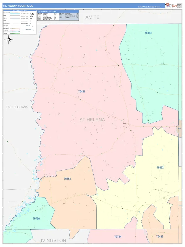 St. Helena County, LA ZIP Code Wall Map, ColorCast style