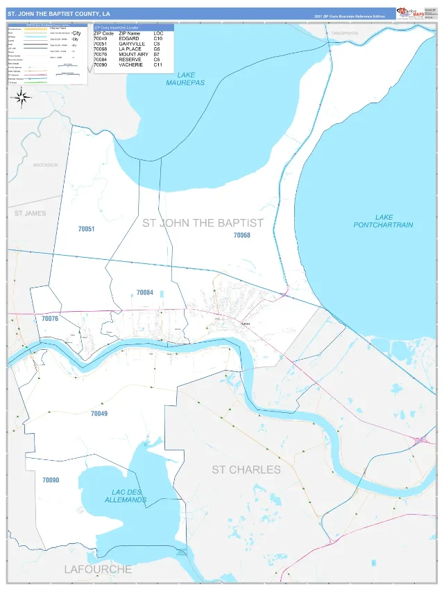 St. John the Baptist County, LA ZIP Code Wall Map, Business Reference style