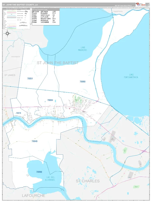 St. John the Baptist County, LA ZIP Code Wall Map, Classic style