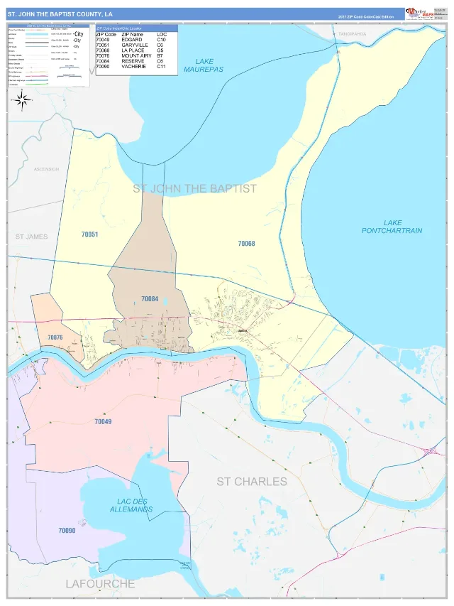 St. John the Baptist County, LA ZIP Code Wall Map, ColorCast style