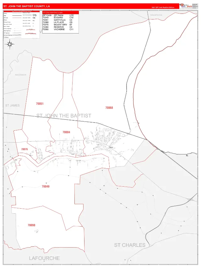 St. John the Baptist County, LA ZIP Code Wall Map, RedLine style