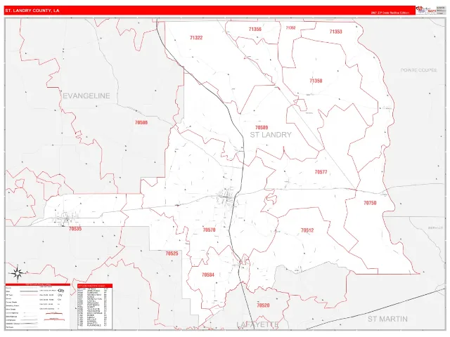 St. Landry County, LA ZIP Code Wall Map, RedLine style
