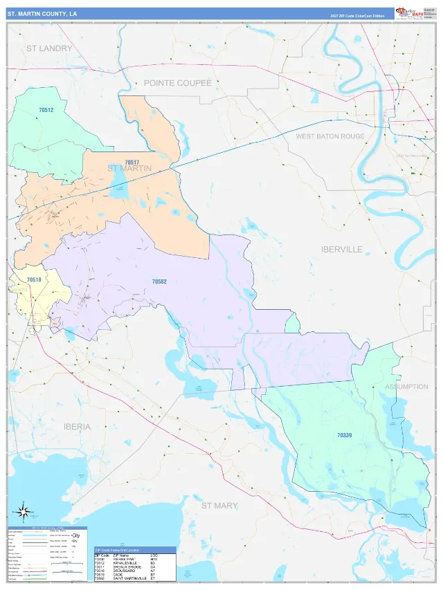 St. Martin County, LA ZIP Code Wall Map, ColorCast style