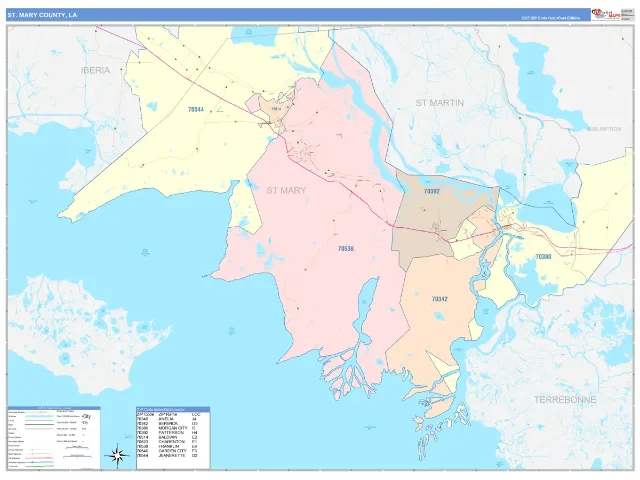 St. Mary County, LA ZIP Code Wall Map, ColorCast style