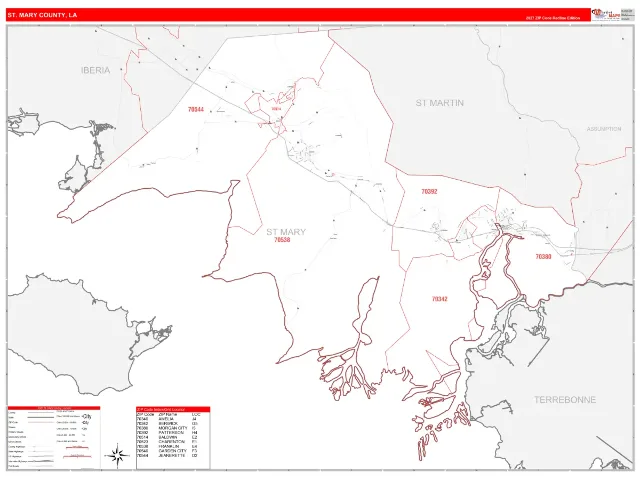St. Mary County, LA ZIP Code Wall Map, RedLine style