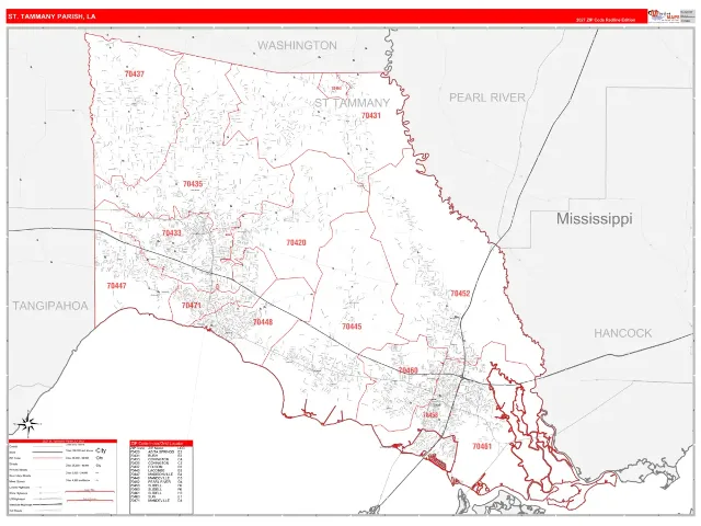 St. Tammany County, LA ZIP Code Wall Map, RedLine style