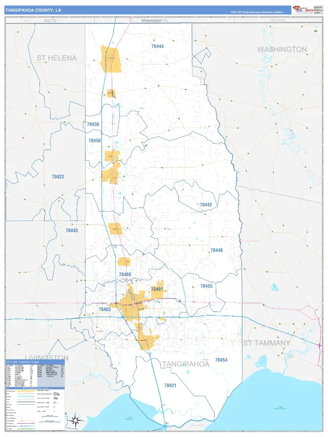 Tangipahoa County, LA ZIP Code Wall Map, Business Reference style