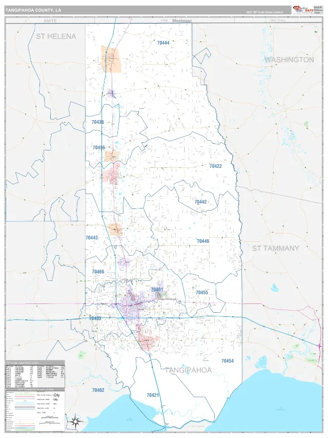 Tangipahoa County, LA ZIP Code Wall Map, Classic style