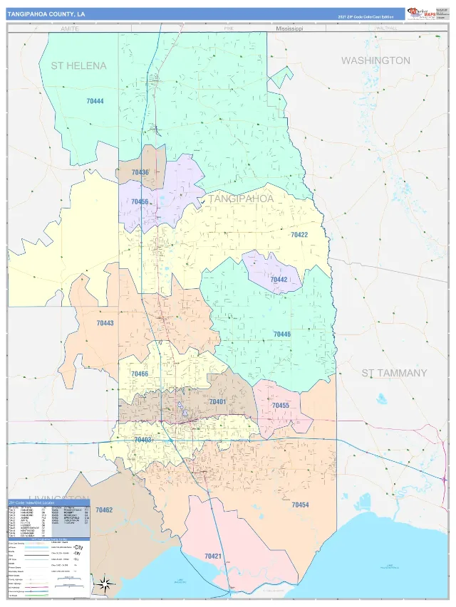 Tangipahoa County, LA ZIP Code Wall Map, ColorCast style