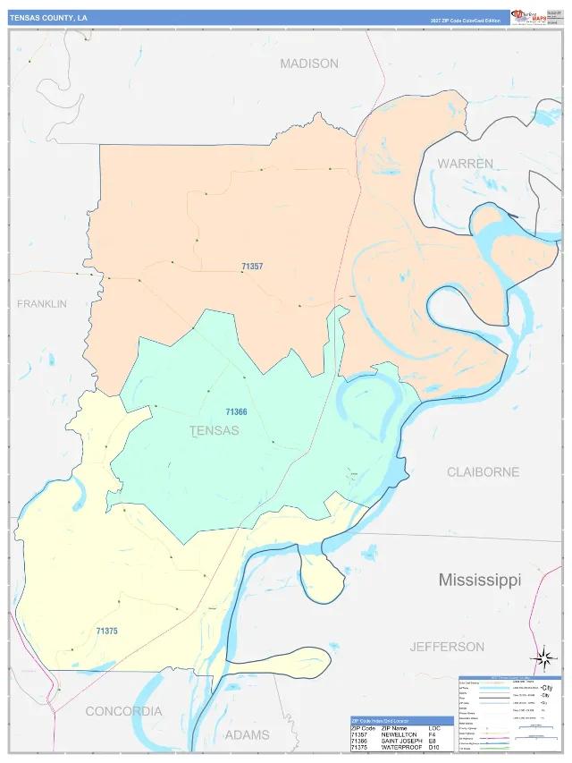 Tensas County, LA ZIP Code Wall Map, ColorCast style