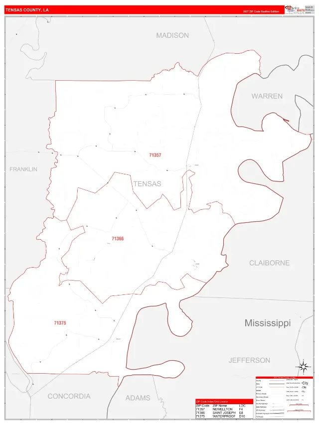 Tensas County, LA ZIP Code Wall Map, RedLine style