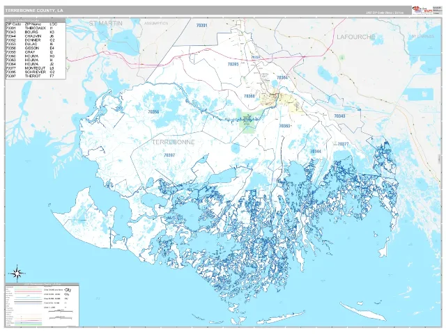 Terrebonne County, LA ZIP Code Wall Map, Classic style