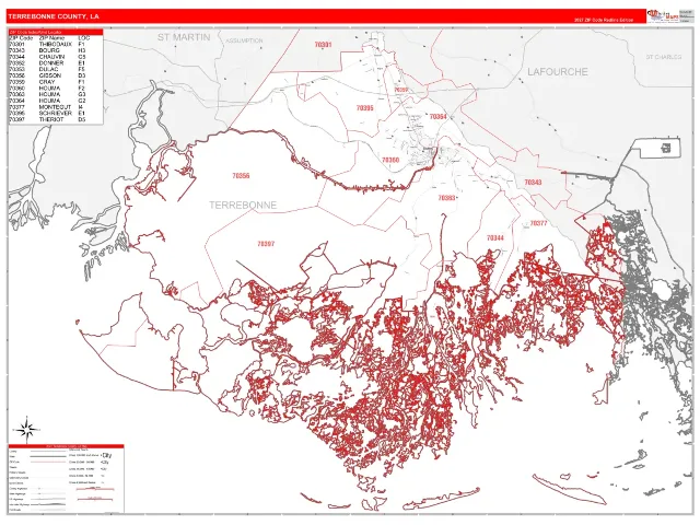 Terrebonne County, LA ZIP Code Wall Map, RedLine style