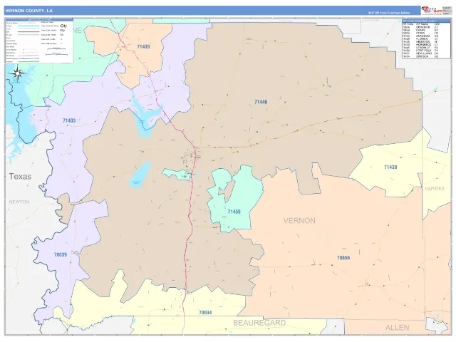 Vernon County, LA ZIP Code Wall Map, ColorCast style