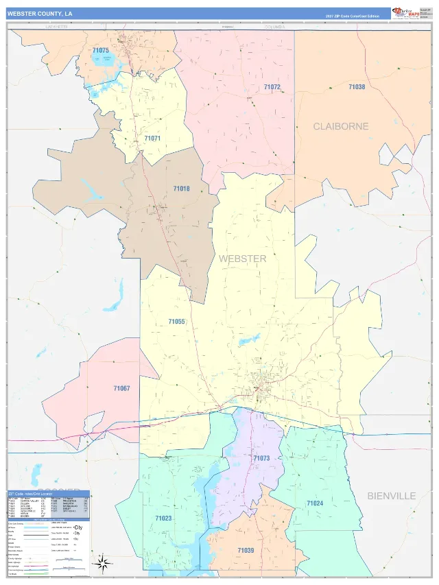 Webster County, LA ZIP Code Wall Map, ColorCast style