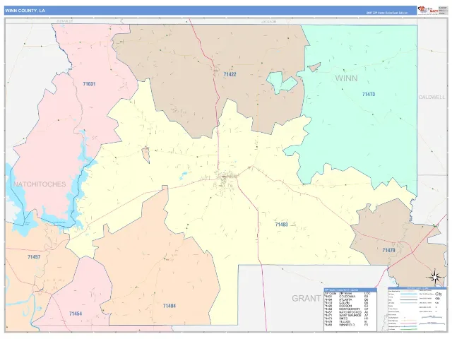 Winn County, LA ZIP Code Wall Map, ColorCast style