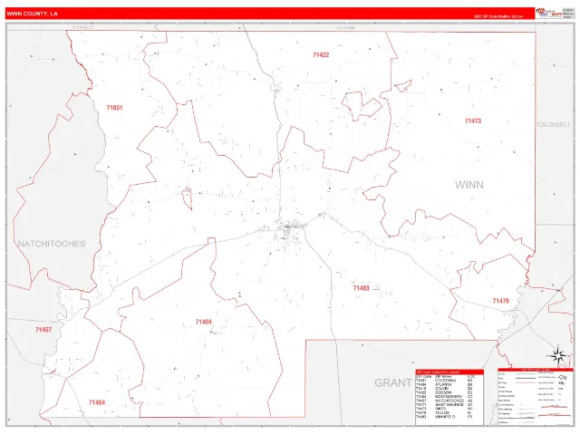 Winn County, LA ZIP Code Wall Map, RedLine style