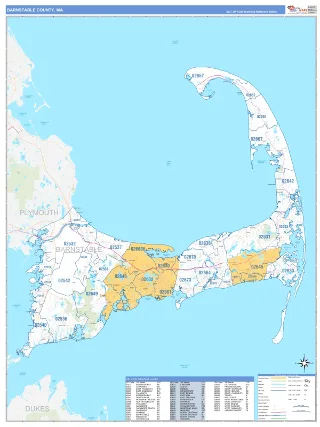 Barnstable County, MA Business Reference style ZIP Code wall map
