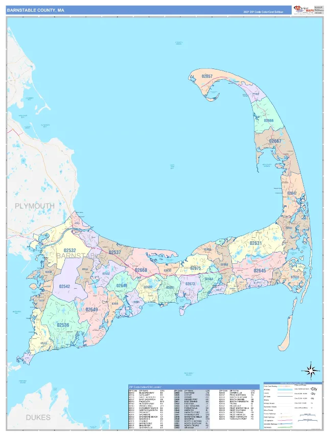 Barnstable County, MA ZIP Code Wall Map, ColorCast style