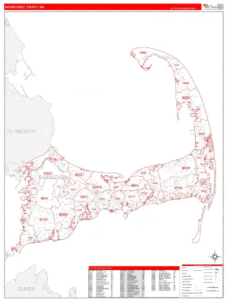 Barnstable County, MA RedLine style ZIP Code wall map