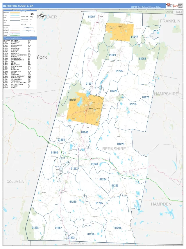 Berkshire County, MA ZIP Code Wall Map, Business Reference style