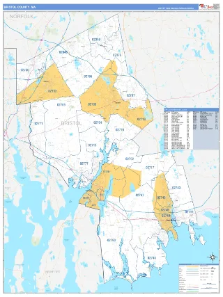 Bristol County, MA Business Reference style ZIP Code wall map