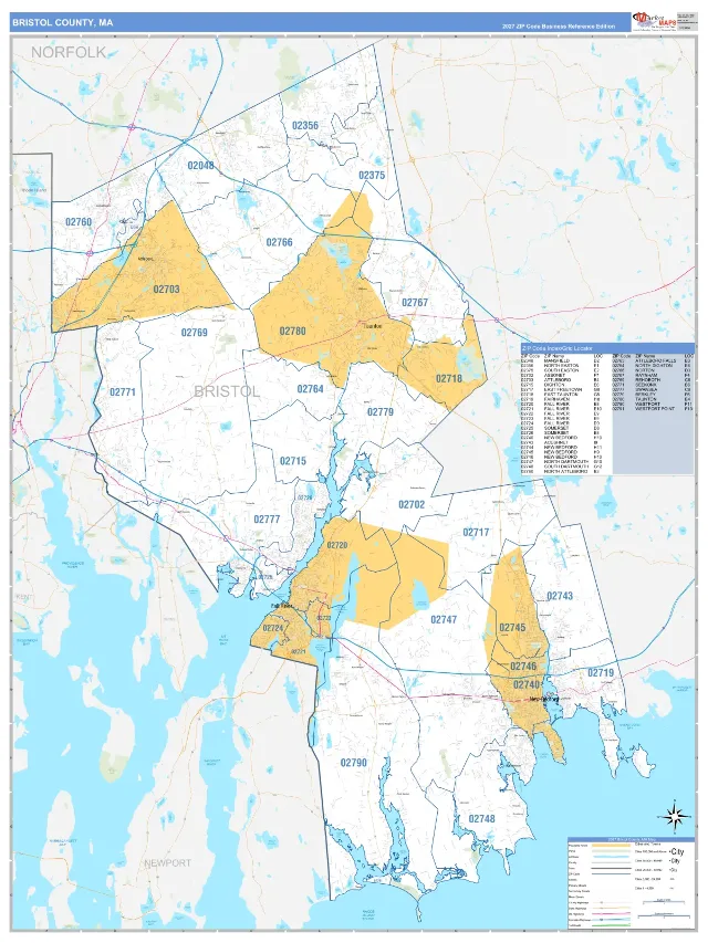 Bristol County, MA ZIP Code Wall Map, Business Reference style