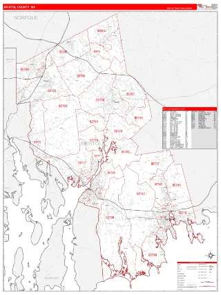 Bristol County, MA RedLine style ZIP Code wall map