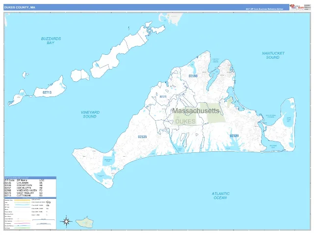 Dukes County, MA ZIP Code Wall Map, Business Reference style