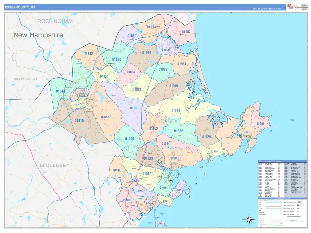 Essex County, MA ZIP Code Wall Map, ColorCast style