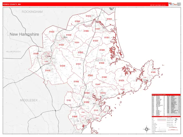 Essex County, MA ZIP Code Wall Map, RedLine style