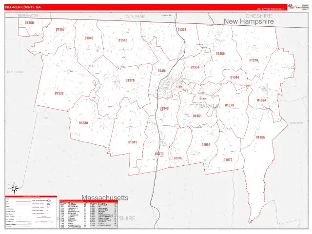 Franklin County, MA ZIP Code Wall Map, RedLine style