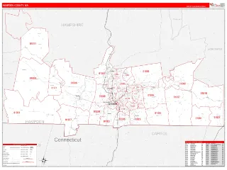 Hampden County, MA RedLine style ZIP Code wall map