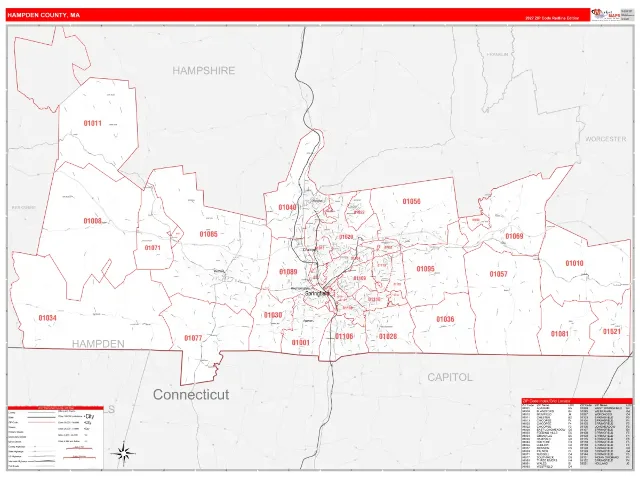 Hampden County, MA ZIP Code Wall Map, RedLine style
