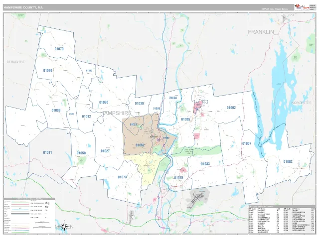Hampshire County, MA ZIP Code Wall Map, Classic style